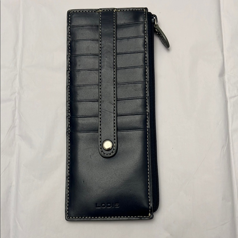 Lodis Navy Blue Leather Credit Card Wallet with Zipper Interior Pocket